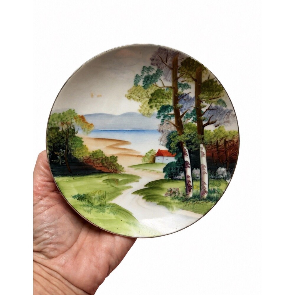 Vintage Hand Painted Japanese 6” Lake River Wilderness House Decorative Plate